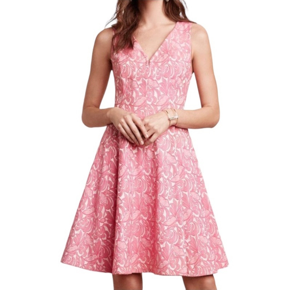 Maeve Anthropologie‎ Claribel Dress Women’s Size 4 Pink Jacquard Fit & Flare - Picture 2 of 16